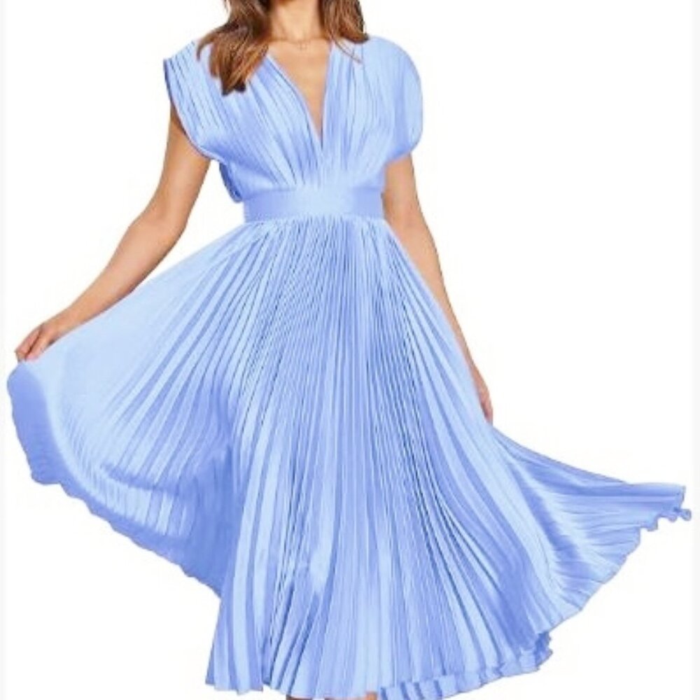 Mascomoda Large Satin Plunge Neck Pleated Midi Dress NWT
